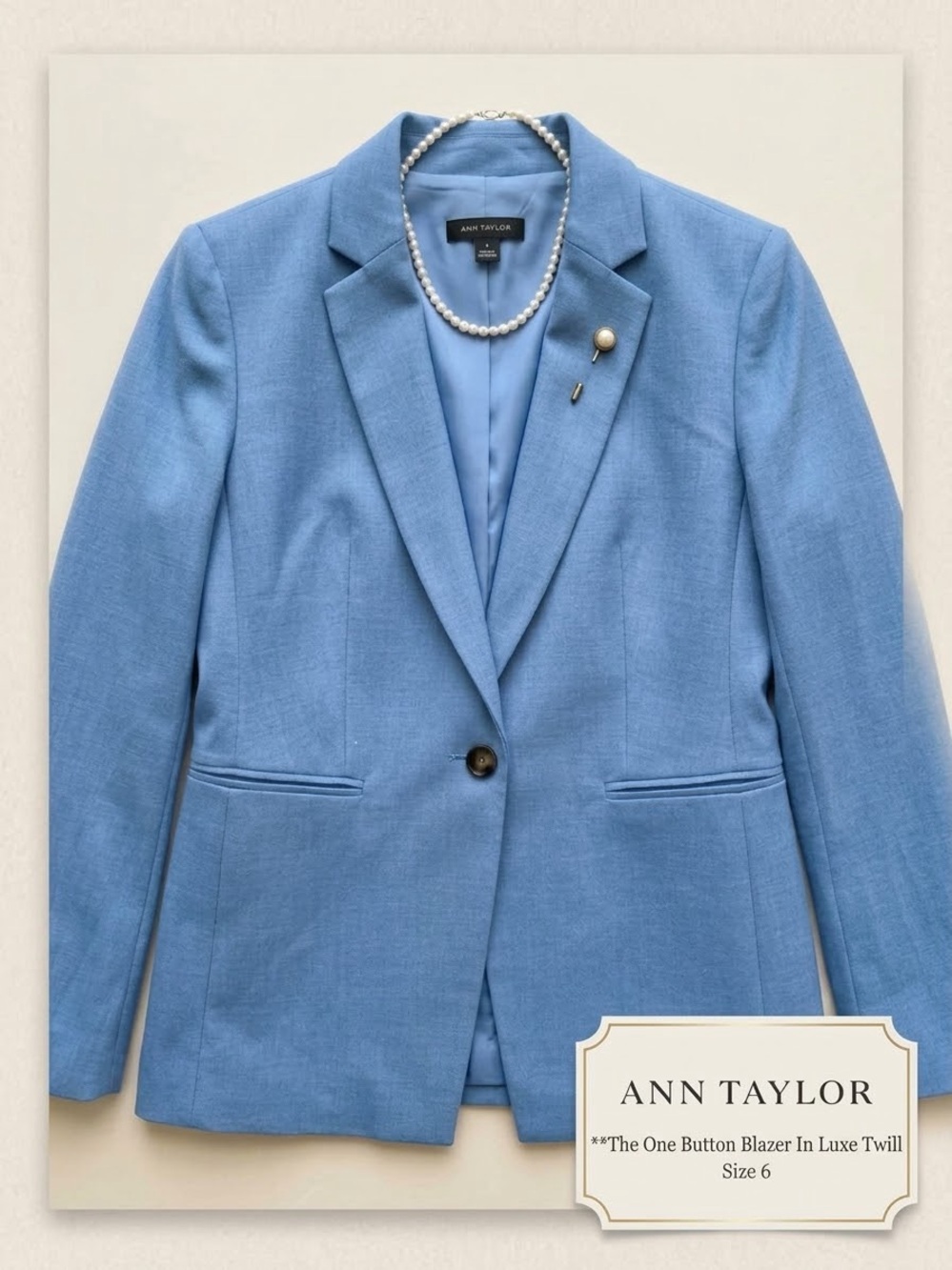 Ann Taylor Luxe Twill One Button Blazer Bluebird Melange Size 6 NWOT